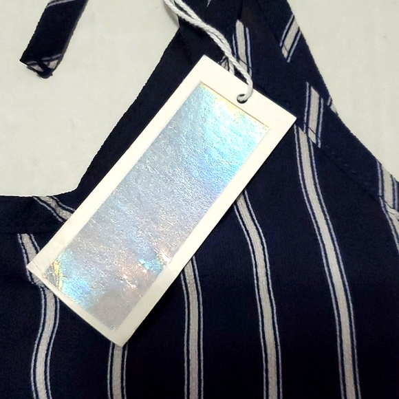 CI Sono Chic Navy Cream Striped Back Opening Straight Leg Ankle Length Jumpsuit - Picture 11 of 11